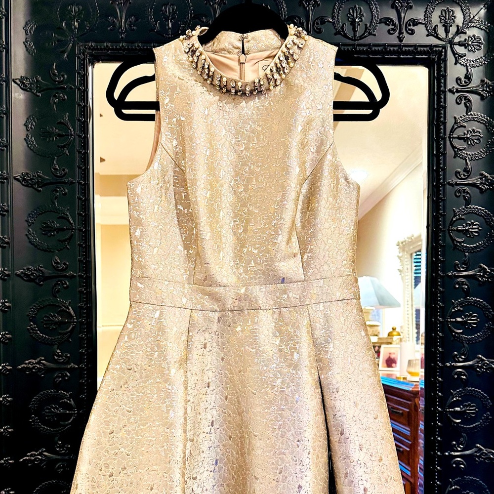 Elegant Eliza J Gold Sleeveless Dress with Beaded Collar